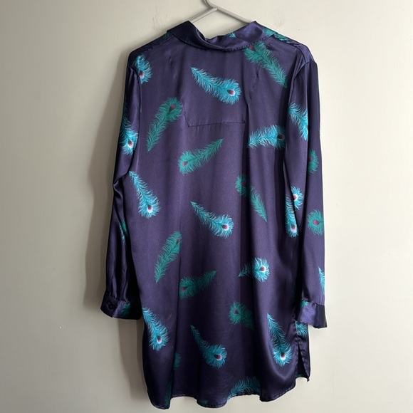 Valerie Stevens Satin Sleep Shirt L Peacock Feather Print Button-Front Nightgown - Picture 5 of 7